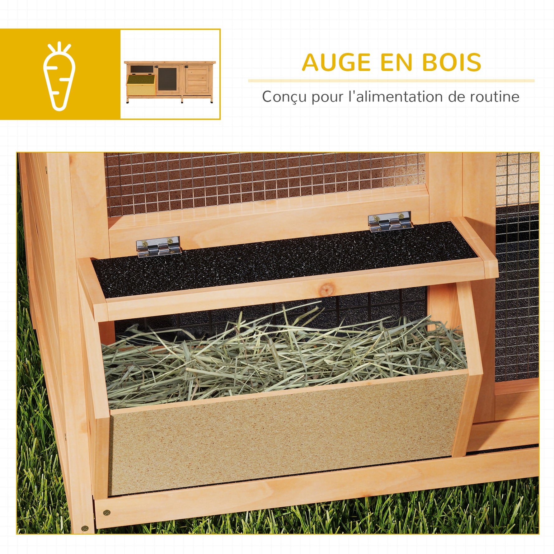 Clapier sur pied cage à lapin avec toit bitumé ouvrant 2 portes verrouillables 2 tiroirs à déjection coulissants mangeoire bois de sapin traité dim. 112L x 50l x 54H cm bois naturel et noir