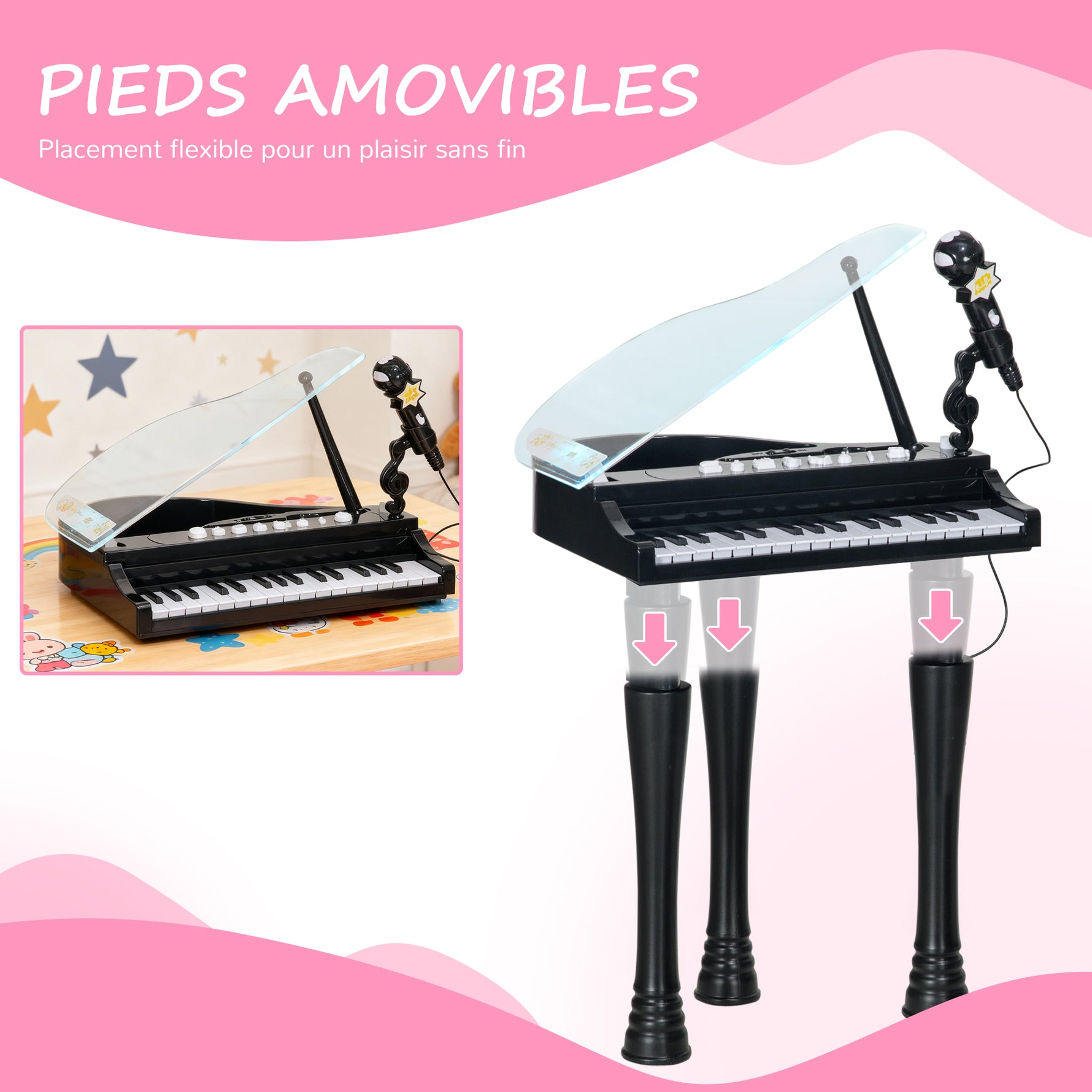 Piano enfant électronique 32 touches multifonctions avec micro haut parleur tabouret couvercle lumineux LED noir