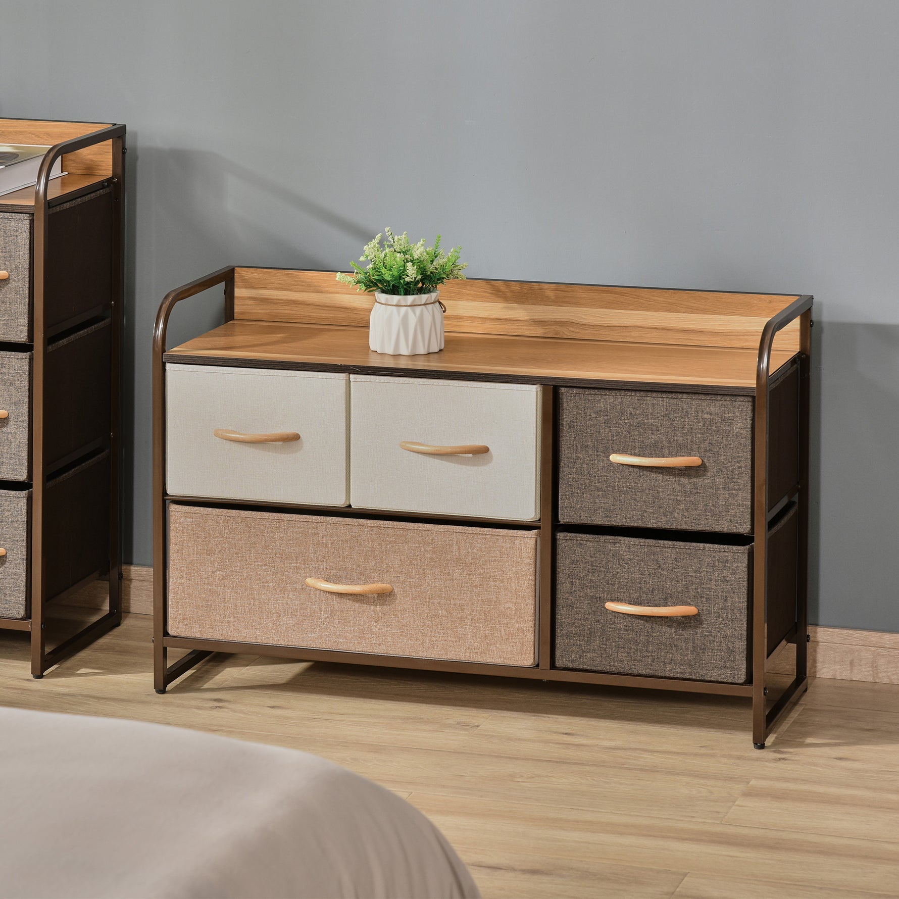 Commode Meuble de Rangement 5 tiroirs en Tissu 87,5 x 29 x 58 cm Marron et Beige