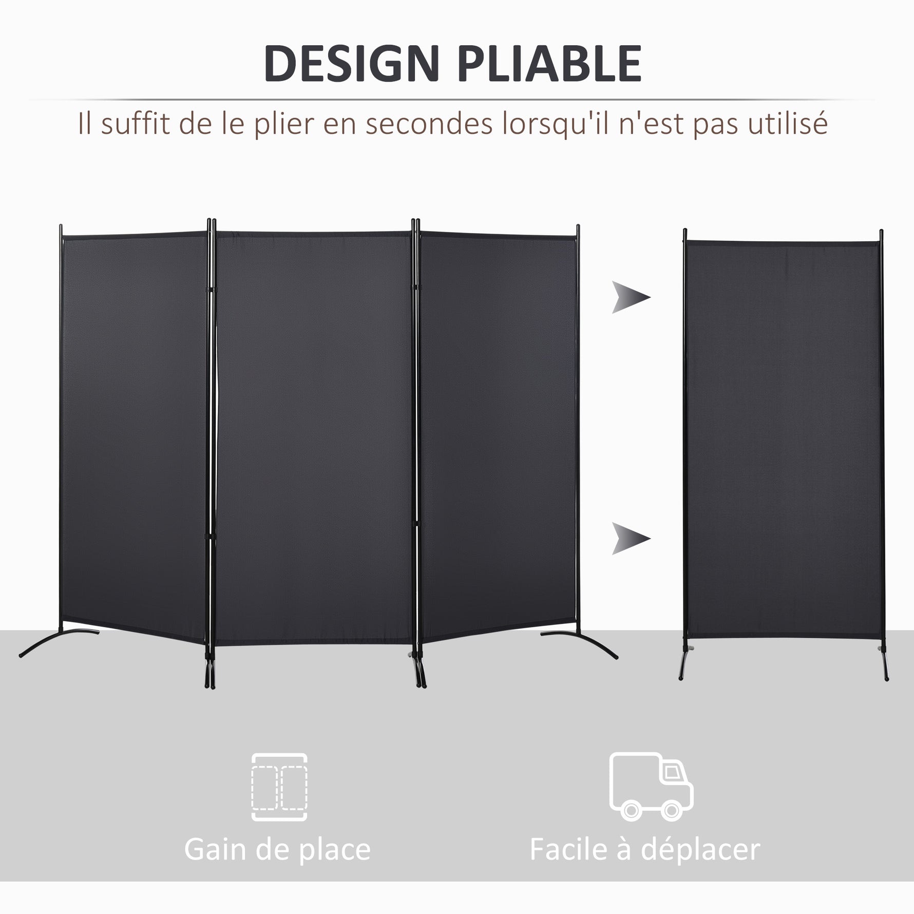 Paravent 3 panneaux dim. 2,53L x 0,5l x 1,82H m Store latéral Brise-Vue paravent sur Pied séparateur métal Polyester