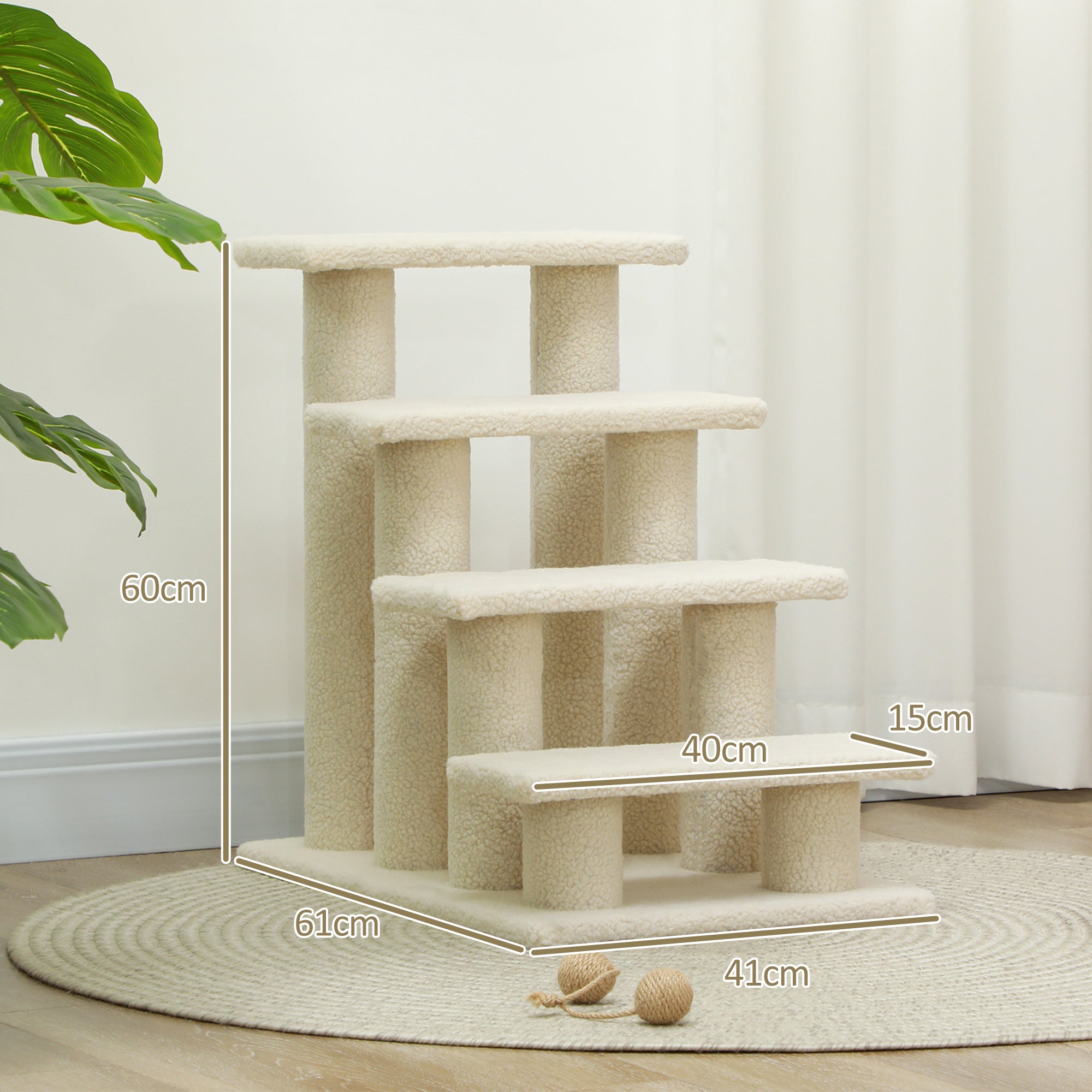 Huisdierentrap met 4 treden, bekleding met bouclé-effect, 61 x 41 x 60 cm, crème