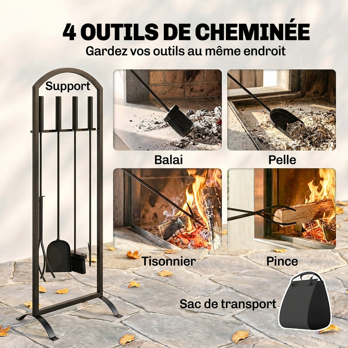 Serviteur de Cheminée 6 Pièces avec Sac à Bûches, Brosse, Pelle, Tisonnier, Pince et Support, 30 x 22 x 86 cm, Noir