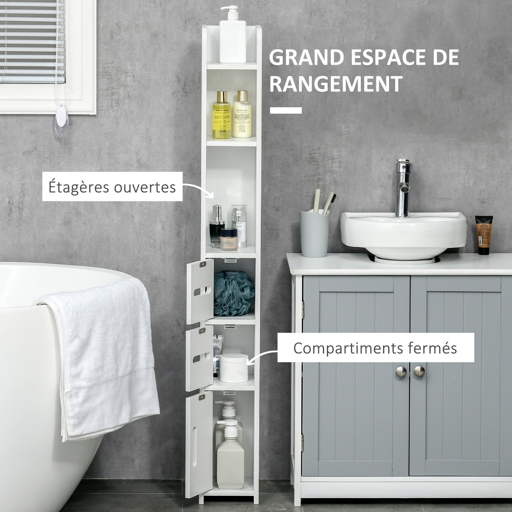 Meuble colonne de salle de bain armoire toilette haute avec étagères et placards - 15 x 17 x 120 cm blanc