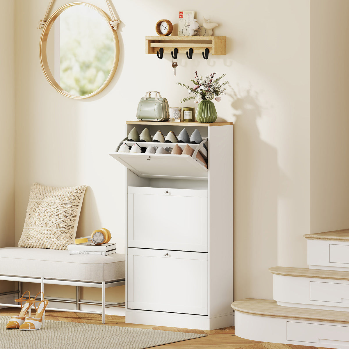 Scarpiera stile scandinavo 3 ante a ribalta 18 paia di scarpe 60 x 23,5 x 115 cm bianco effetto legno