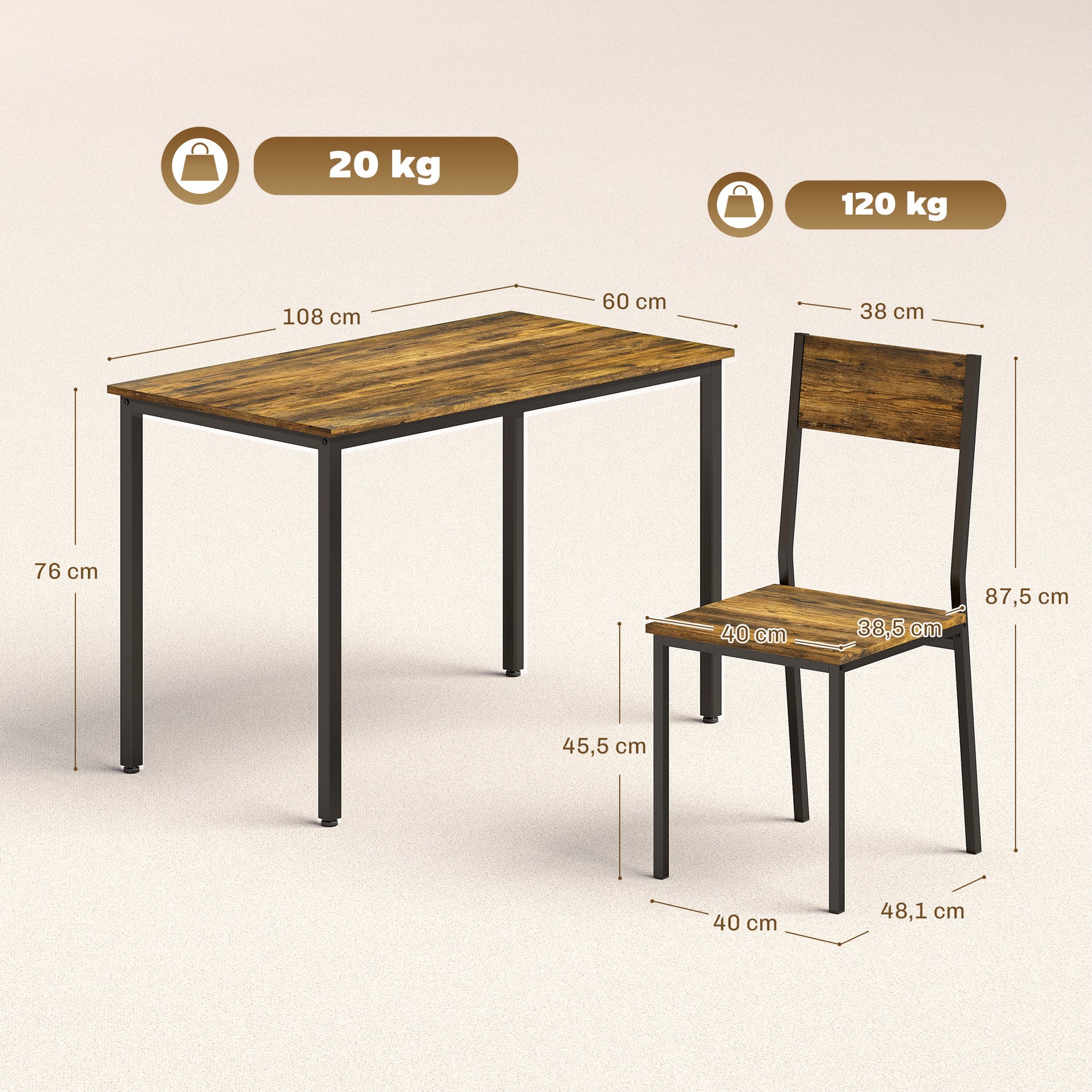 Ensemble table salle à manger avec 4 chaises, table de cuisine avec chaises 4 personnes, pieds en métal, brun rustique