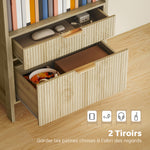Bibliothèque haute, meuble de rangement avec 4 étagères ouvertes et 2 tiroirs cannelés, 60 x 30 x 160 cm, bois naturel