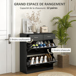 Shoe cabinet with 2 drawers and 2 drop-down doors with adjustable shelf, aluminum handles. 80 x 30 x 91.5 cm, Black