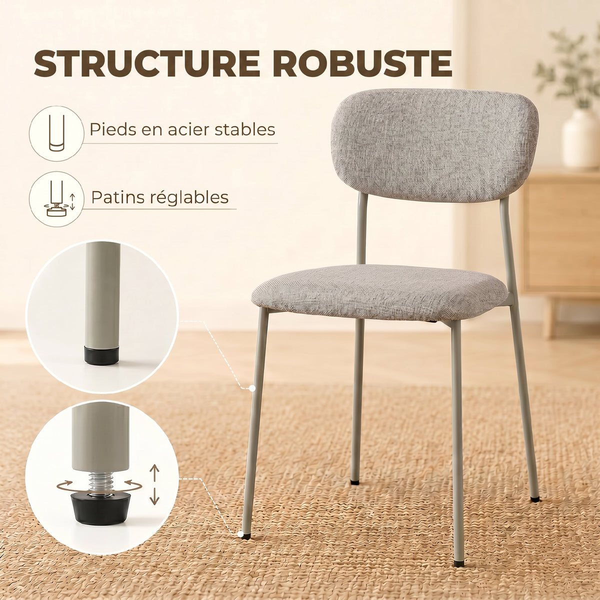 Lot de 2 chaises de salle à manger modernes, chaises de cuisine empilables en tissu effet lin, marron clair