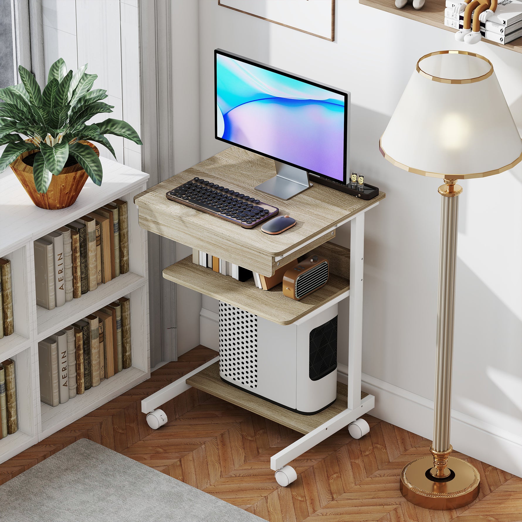 Bureau d'ordinateur sur roues, bureau avec rangement 56 x 51 cm avec tiroir, compartiment et support CPU, chêne