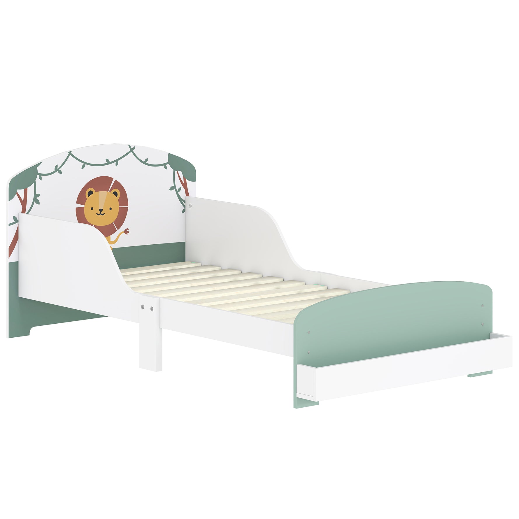 Lit enfant 70 x 140 cm, lit pour enfant avec barriere de securite et sommier à lattes, espace de rangement, vert