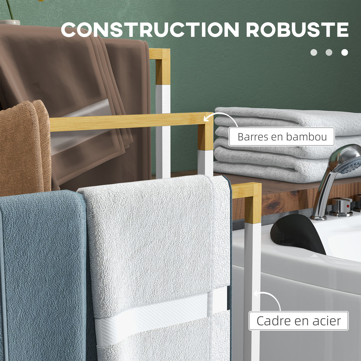 Freestanding bamboo and steel towel rack with 3 towel bars, 45 x 22.5 x 86 cm, white and natural
