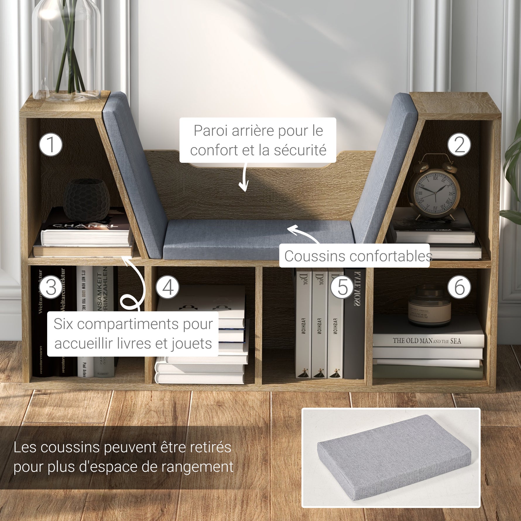 Bibliothèque Banc 2 en 1 Design Contemporain 6 casiers 3 Coussins fournis 102L x 30l x 61H cm Chêne Gris