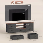 Meuble TV 140 cm, meuble télé 65 pouces, station de charge, 5 tiroirs en tissu, étagères ouvertes, 140x30x50cm, marron