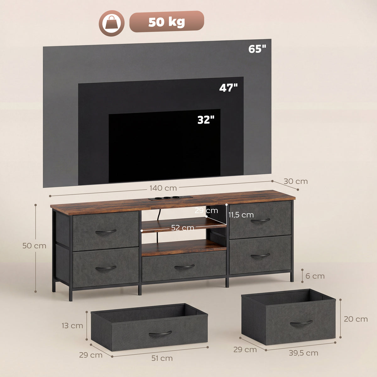 Meuble TV 140 cm, meuble télé 65 pouces, station de charge, 5 tiroirs en tissu, étagères ouvertes, 140x30x50cm, marron
