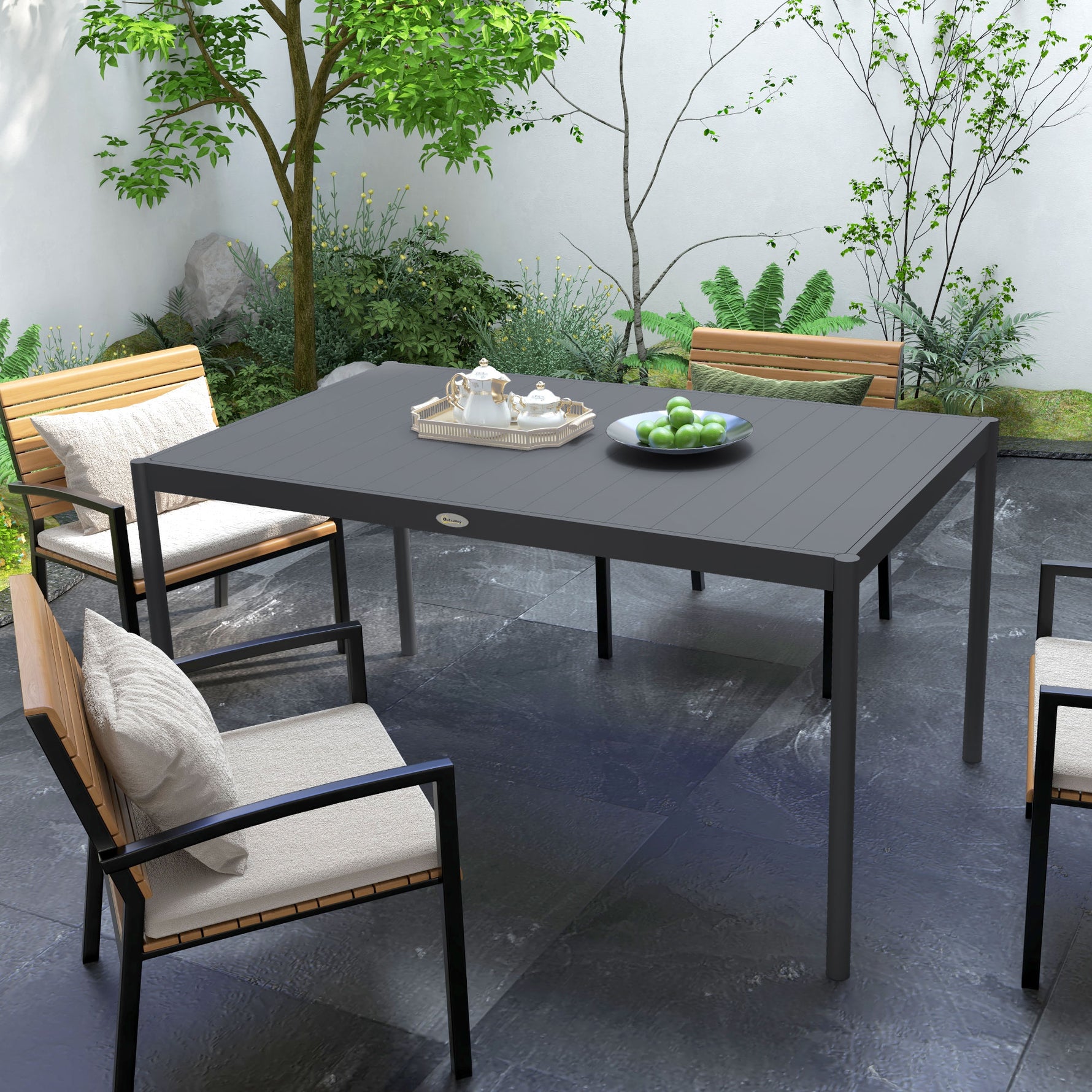 Table de jardin rectangulaire pour 6 personnes en aluminium plateau à lattes dim. 145L x 90l x 74H cm gris