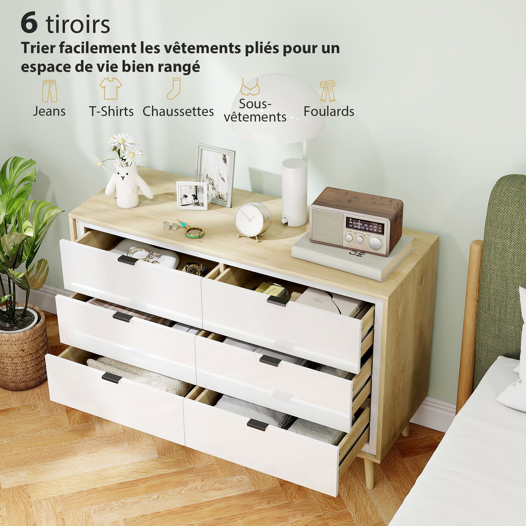 Commode 6 tiroirs, meuble de rangement à haute brillance, 5 pieds en bois, 110 x 40 x 75 cm, blanc et chêne