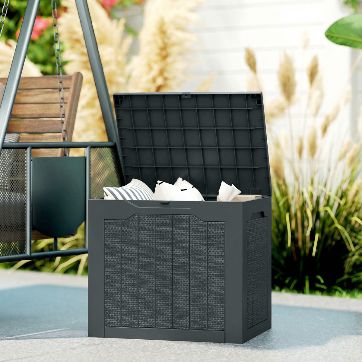 Coffre de rangement extérieur 97L avec poignées encastrées, malle de rangement extérieur étanche 56x41x50cm, gris foncé