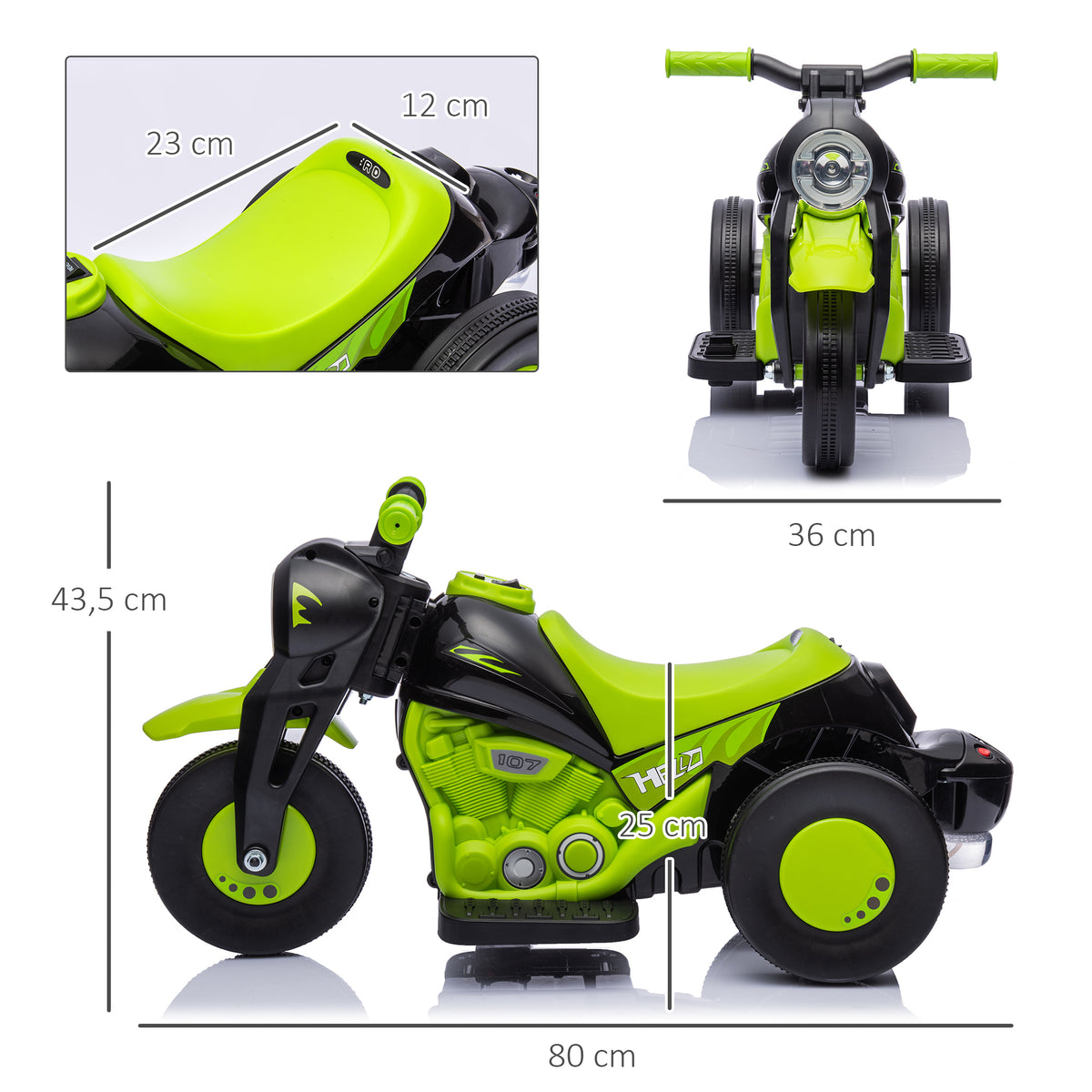 Moto électrique enfants 2-5 ans, 3 roues, 6 V, 3 km/h, avec fonction de bulles, effets lumineux et sonores, vert