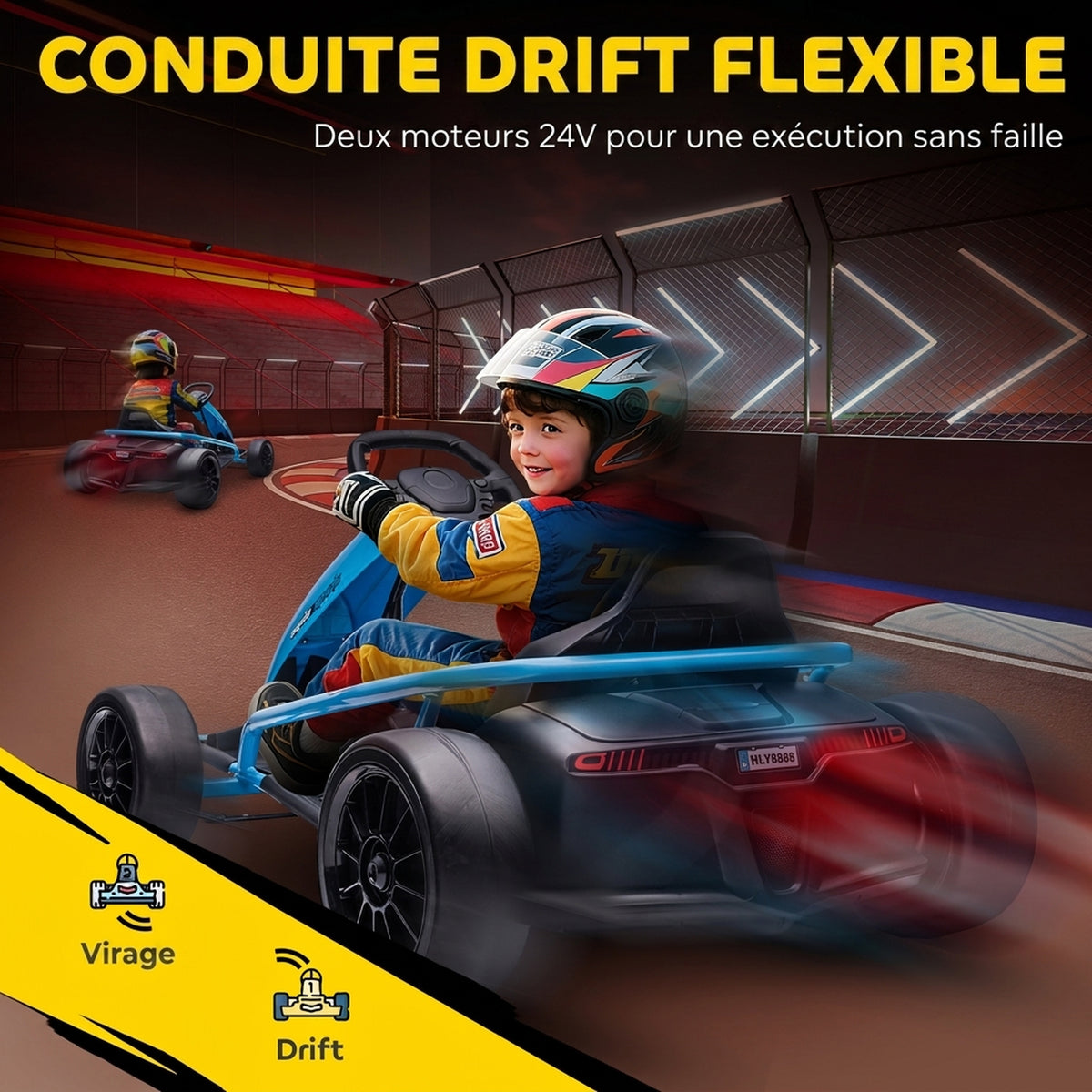 Kart Électrique pour Enfants 24 V, Go Kart avec Mode Drift, 2 Moteurs, Démarrage Progressif, 2 Vitesses 6-13 km/h, Bleu