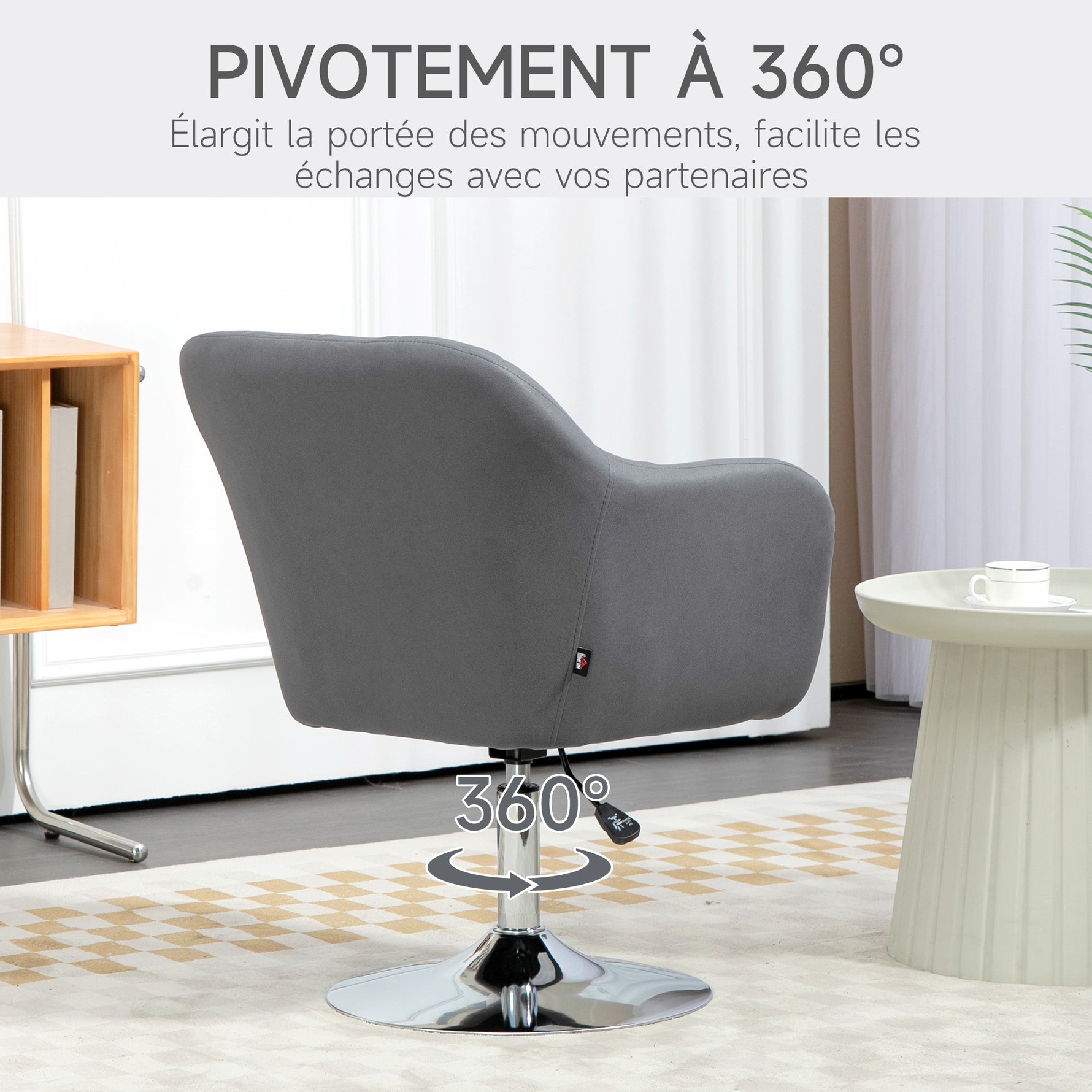Fauteuil de salon coussins lombaires hauteur réglable pivotant 360° piètement en métal gris foncé