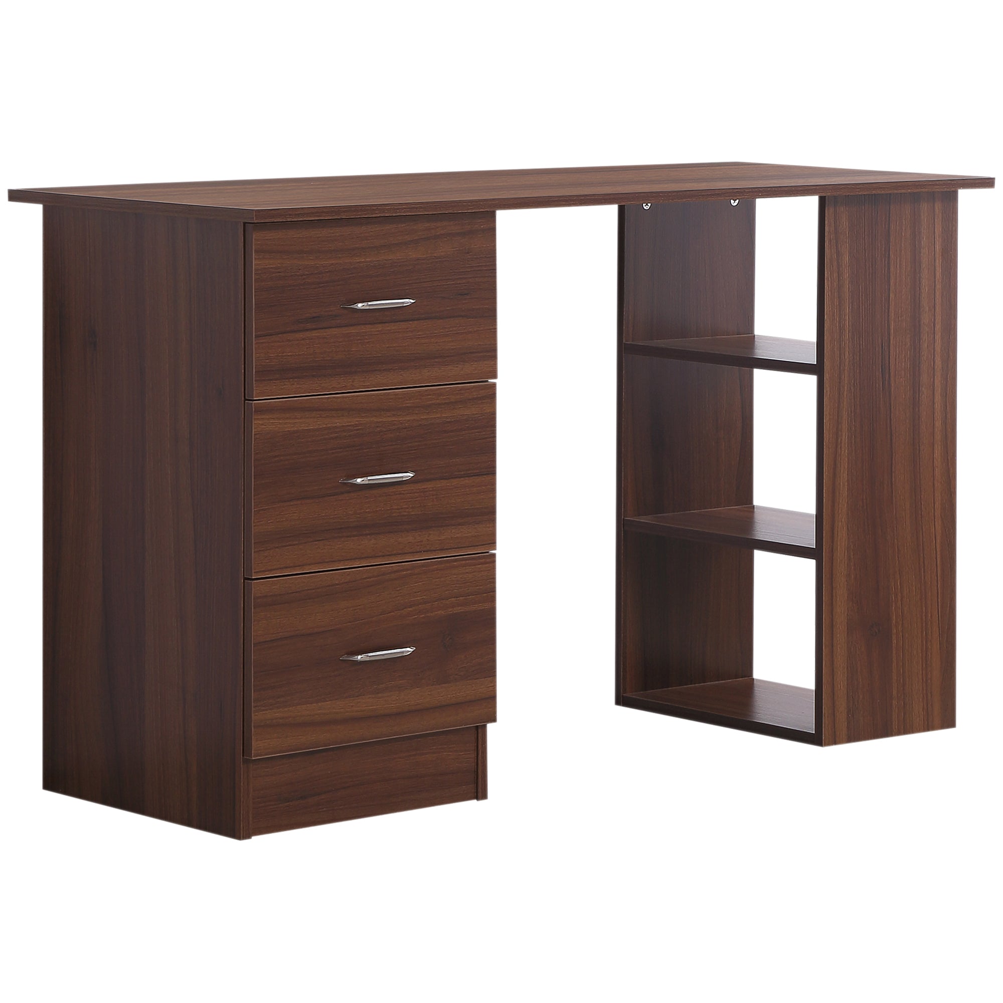 Bureau d'ordinateur avec 3 tiroirs et 3 étagères ouvertes, 120x49x72cm, bureau avec rangement réversible, style moderne, table informatique pour chambre, petit espace, télétravail, noyer