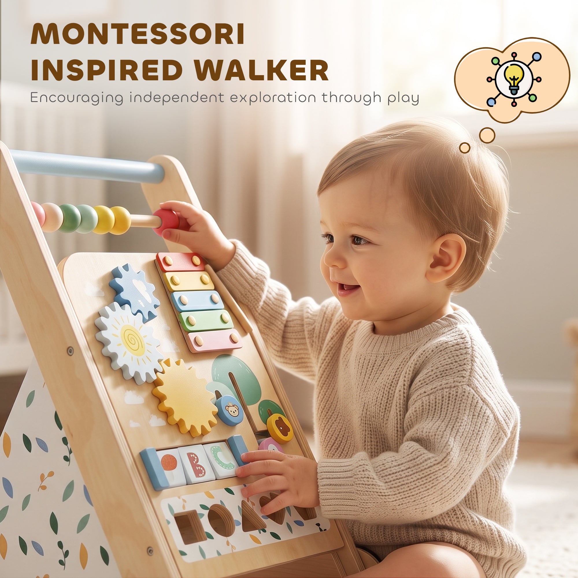 Wooden Baby Walker, Baby Push Along with Activity Center, Adjustable Speed and 5 Blocks, from 18 Months, Natural