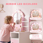 Coiffeuse pour Enfants avec Tabouret et Miroir Lumineux à 2 Couleurs en Acrylique, pour 3-8 Ans, 90 x 41 x 104 cm, Rose