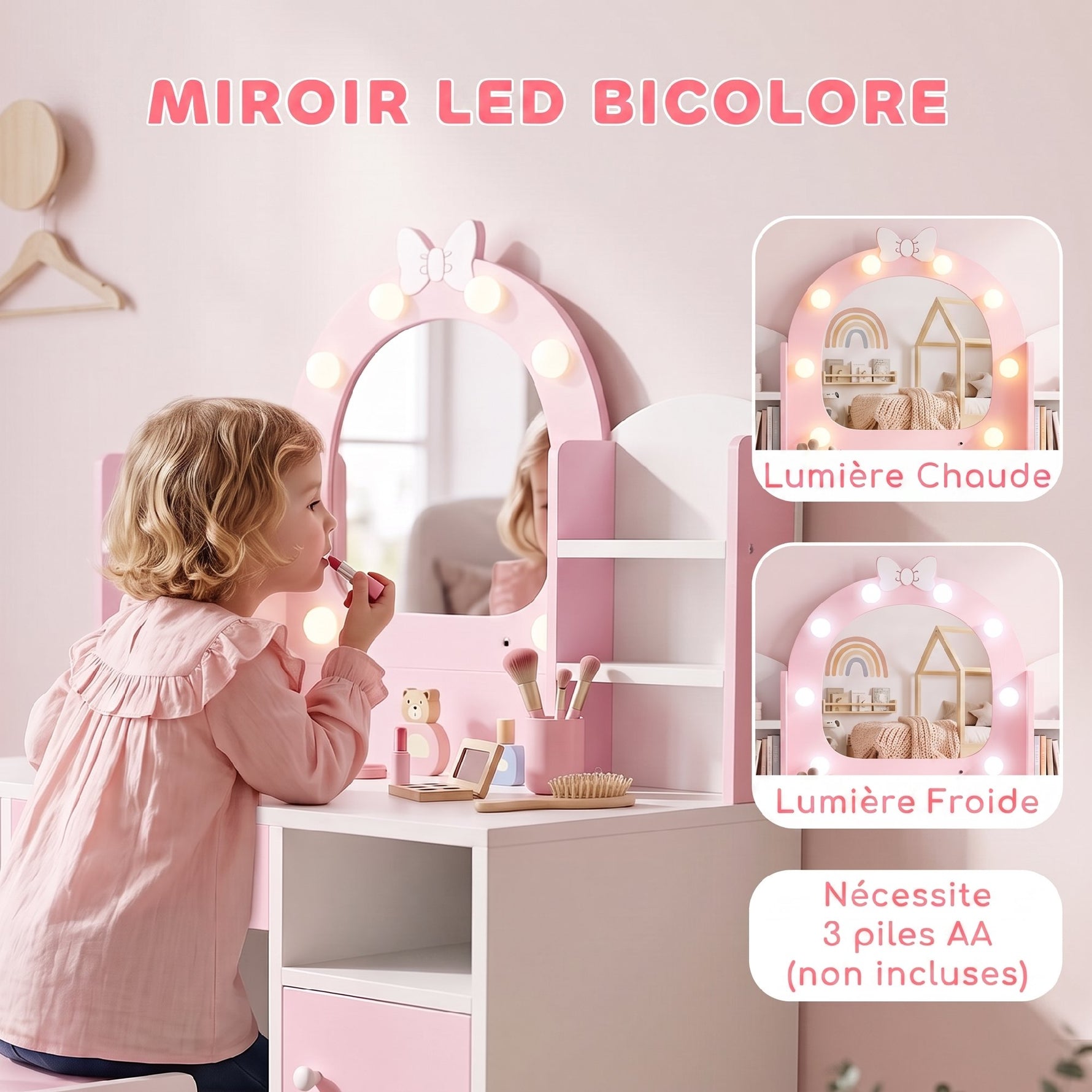 Coiffeuse pour Enfants avec Tabouret et Miroir Lumineux à 2 Couleurs en Acrylique, pour 3-8 Ans, 90 x 41 x 104 cm, Rose