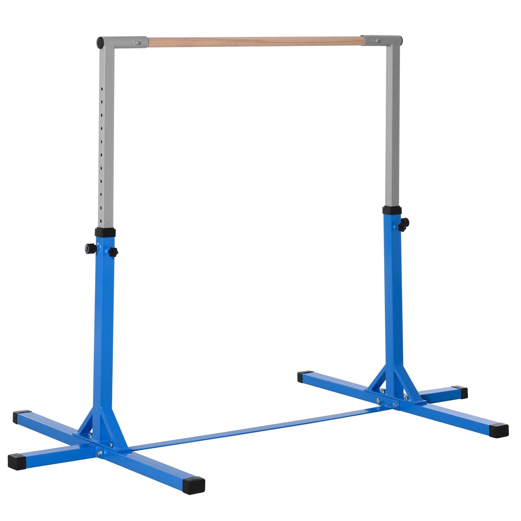 Barre fixe de gymnastique enfant - barre de gymnastique hauteur réglable 13 niveaux 92 à 150 cm - acier bleu bois hêtre