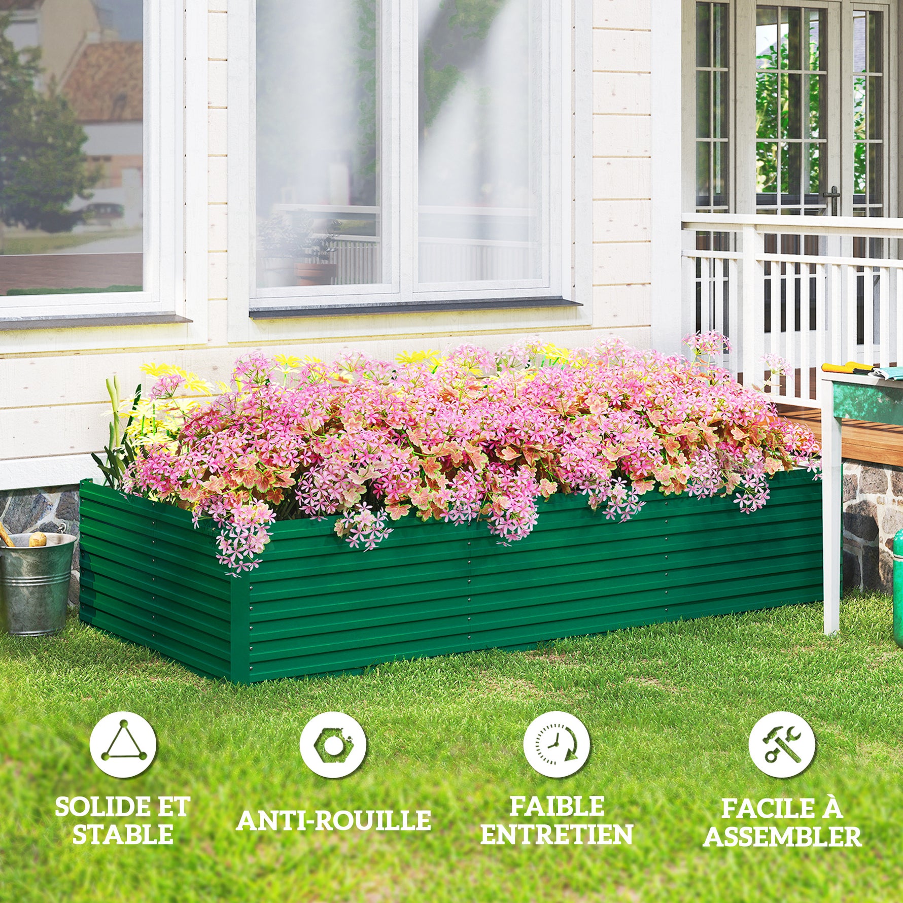 Jardinière surélevée galvanisée rectangulaire pour l'extérieur - fond ouvert - 240 x 120 x 60cm, vert