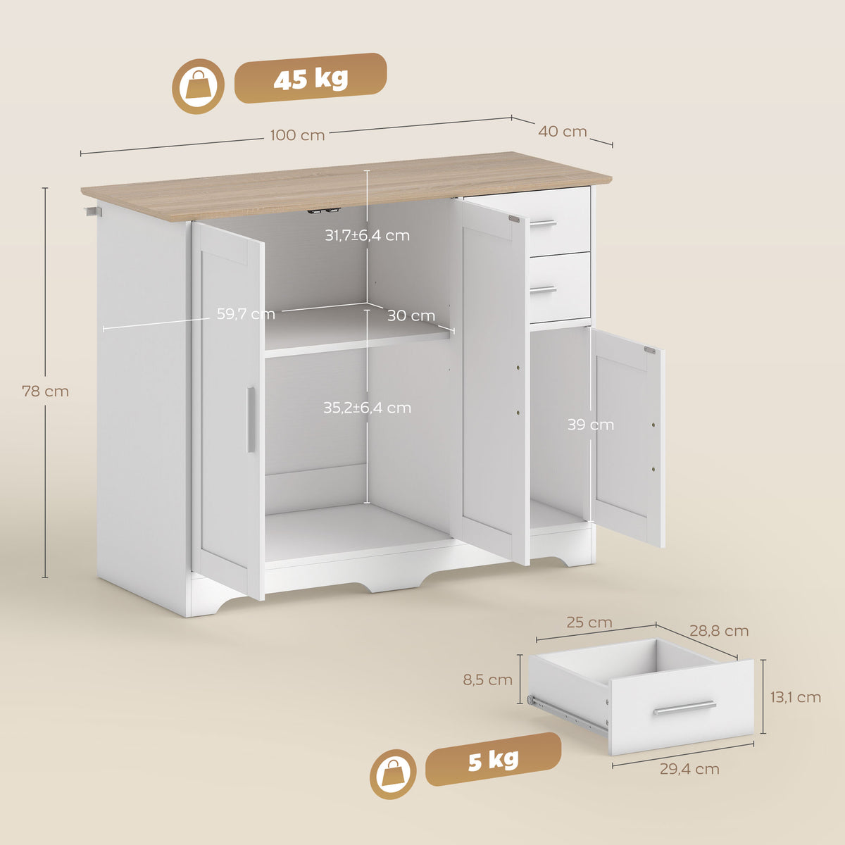 Buffet salon, meuble de rangement avec 2 tiroirs, 3 portes et étagère réglable, 100 x 40 x 78 cm, blanc et bois naturel