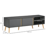 Mueble de TV escandinavo para televisores de hasta 55 pulgadas, 2 puertas, 2 nichos con pasacables, 150 x 35 x 45 cm, gris oscuro