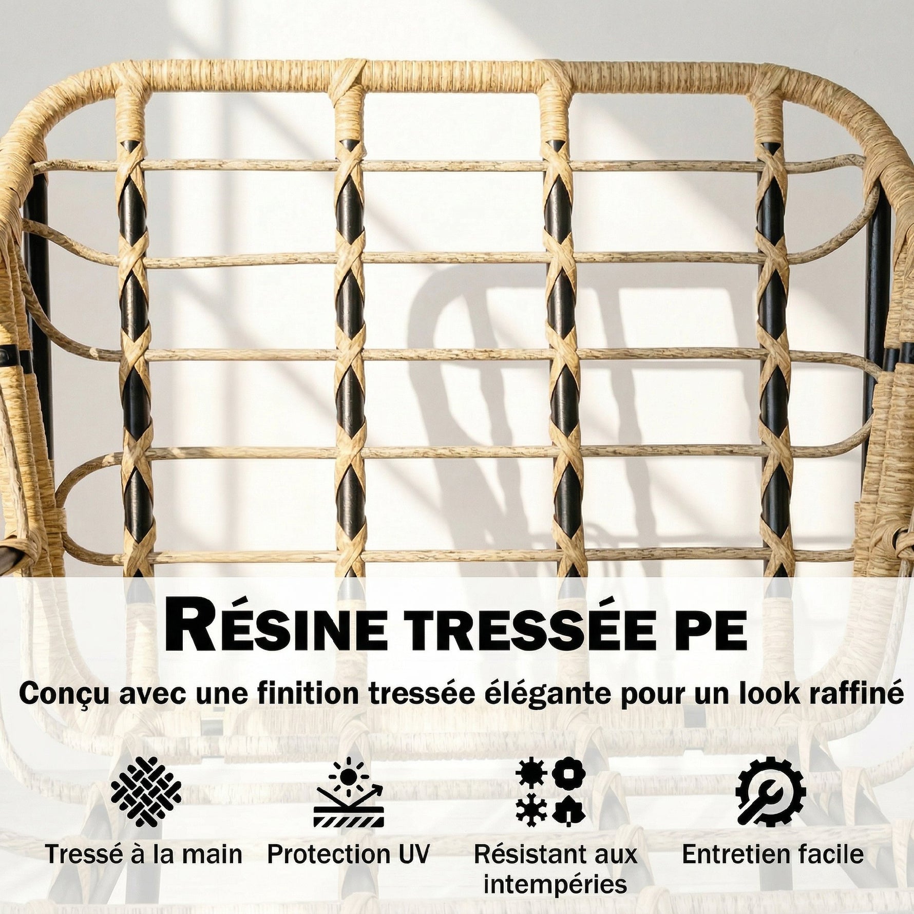 Salon de Jardin Extérieur 3 Pièces en Résine Tressée, Table en Verre Trempé, 2 Fauteuils avec Coussins, 62x73x79cm, Crème