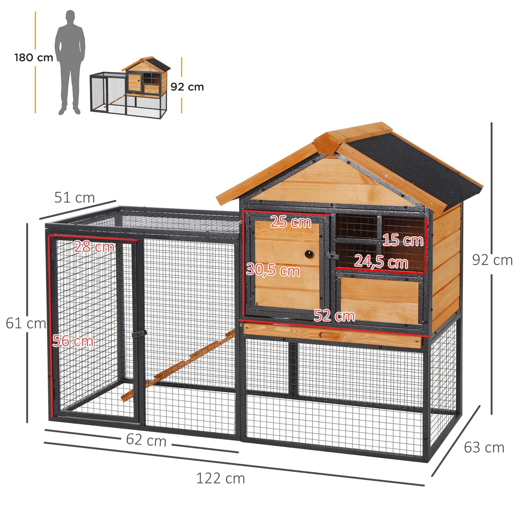 Clapier cage à lapins cottage - niche supérieure avec rampe et enclos extérieur - plateau excrément, fenêtre, 2 portes verrouillables - métal époxy sapin pré-huilé