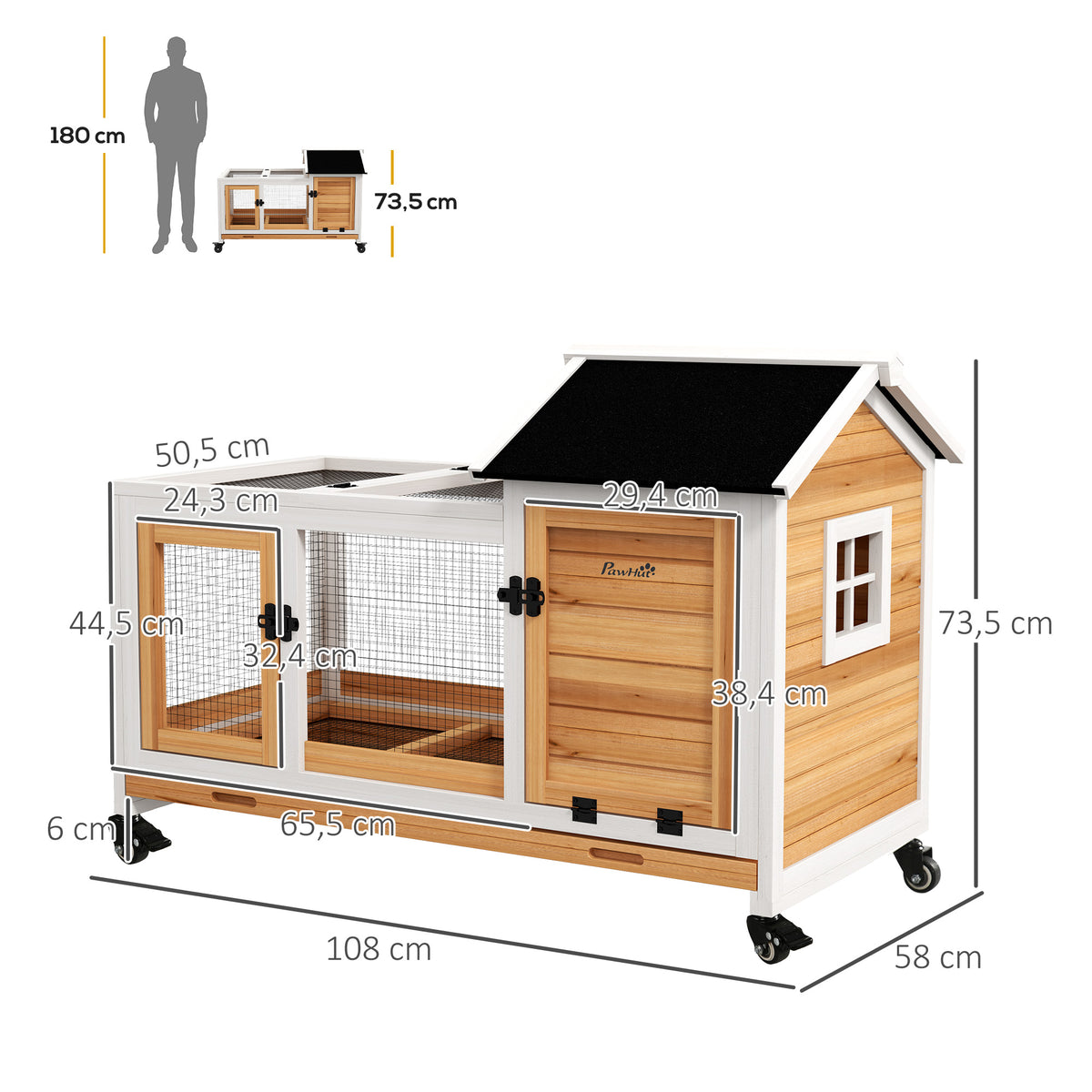 Clapier cage à lapins rongeurs sur roulettes 2 portes verrouillables - 108 x 58 x 73,5 cm bois massif jaune