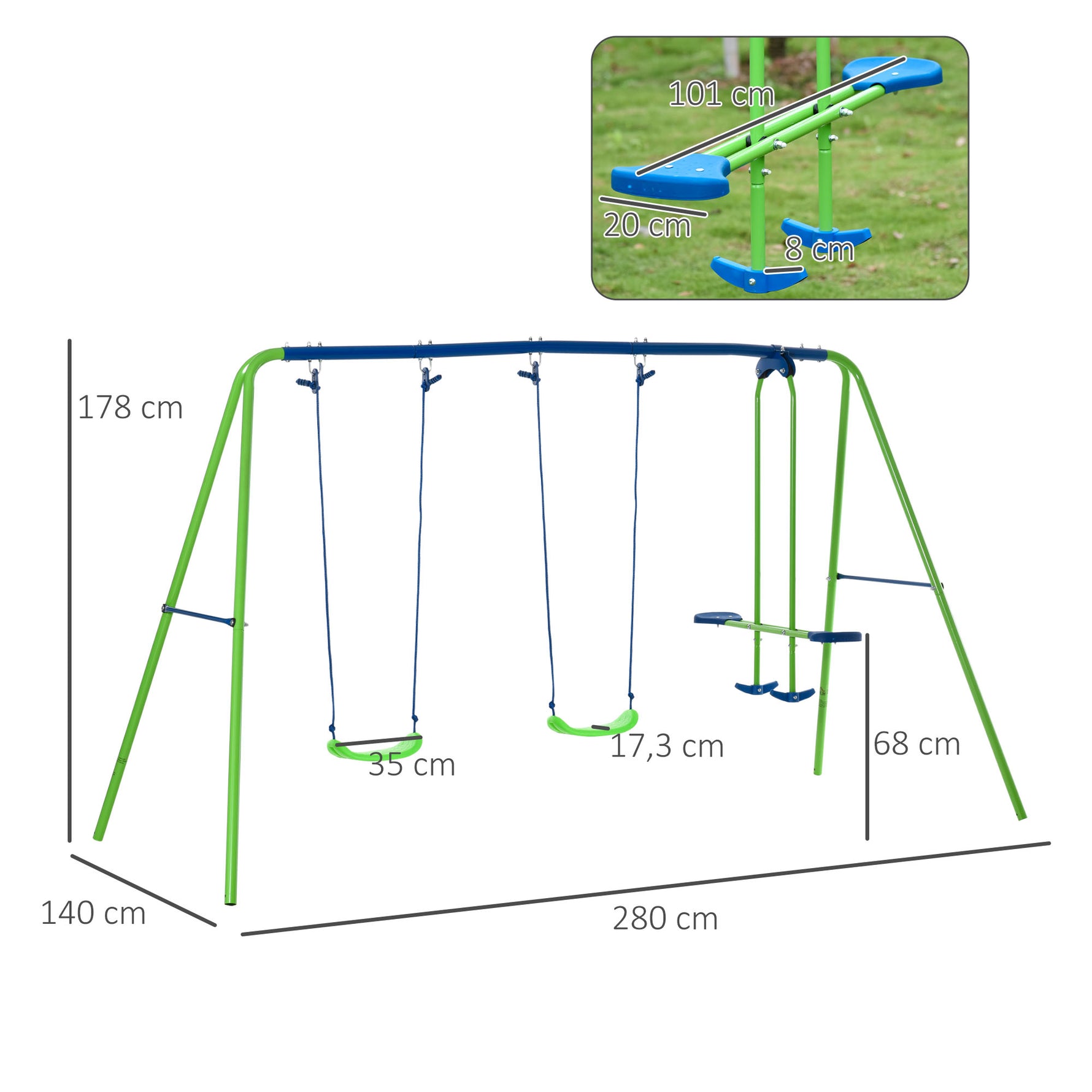 Balançoire portique pour enfant 3 en 1 avec 1 balançoire face à face et 2 sièges de balancelle, balançoire enfant extérieur cadre en A métal, hauteur réglable, charge 180kg, 3+ans, vert