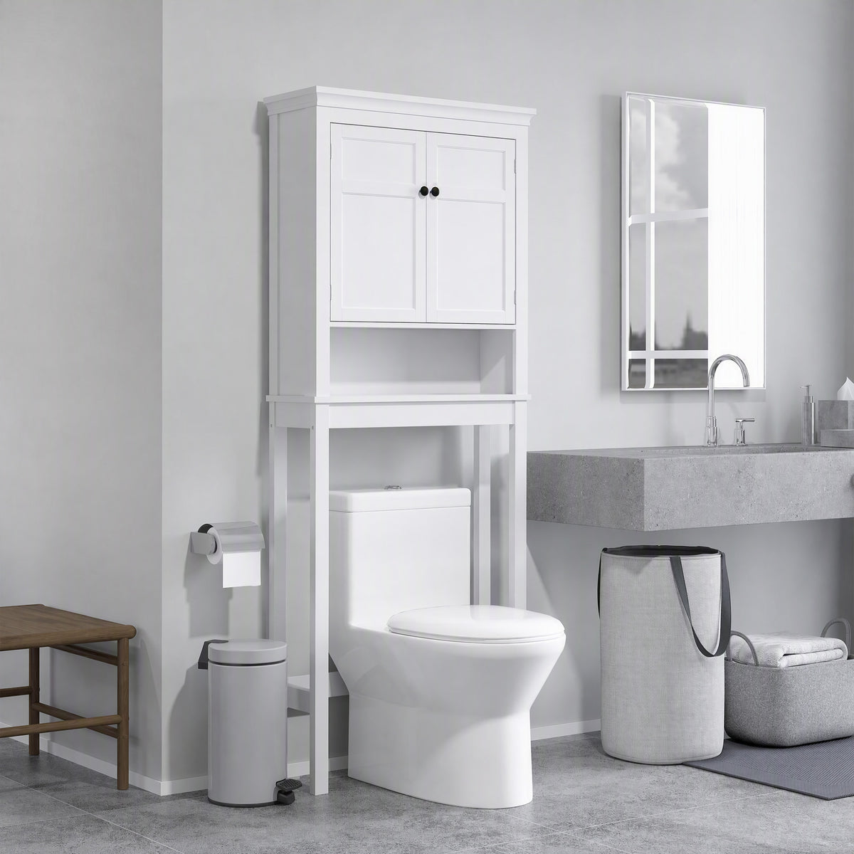 Meuble WC dessus de toilette meuble machine à laver meuble salle de bain placard 2 portes étagères réglables blanc