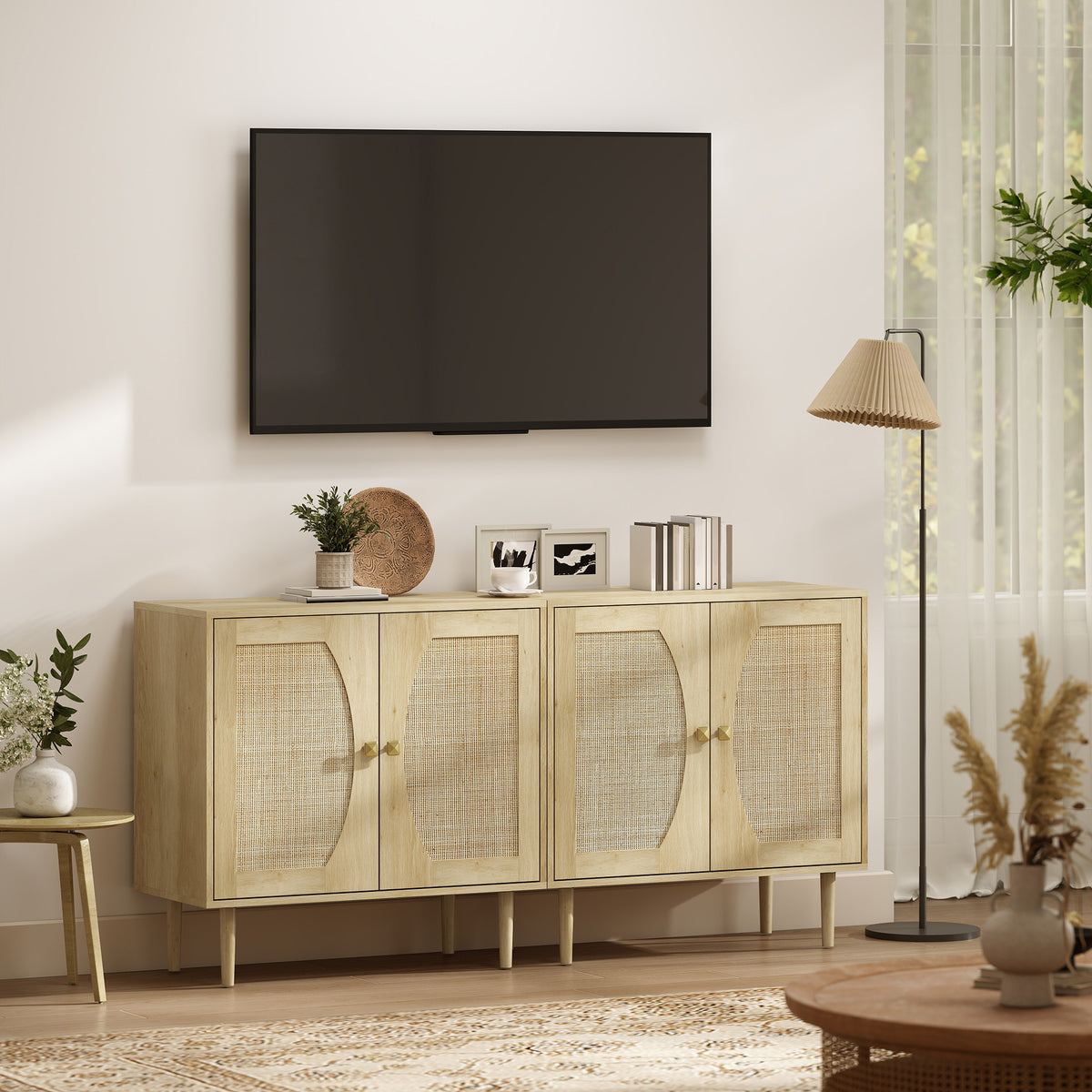 Küchenbuffet, Aufbewahrungsschrank mit Doppeltüren und 2 Ebenen, Front in Wiener Geflecht, 80 x 38 x 79 cm, natürliche Holzoptik