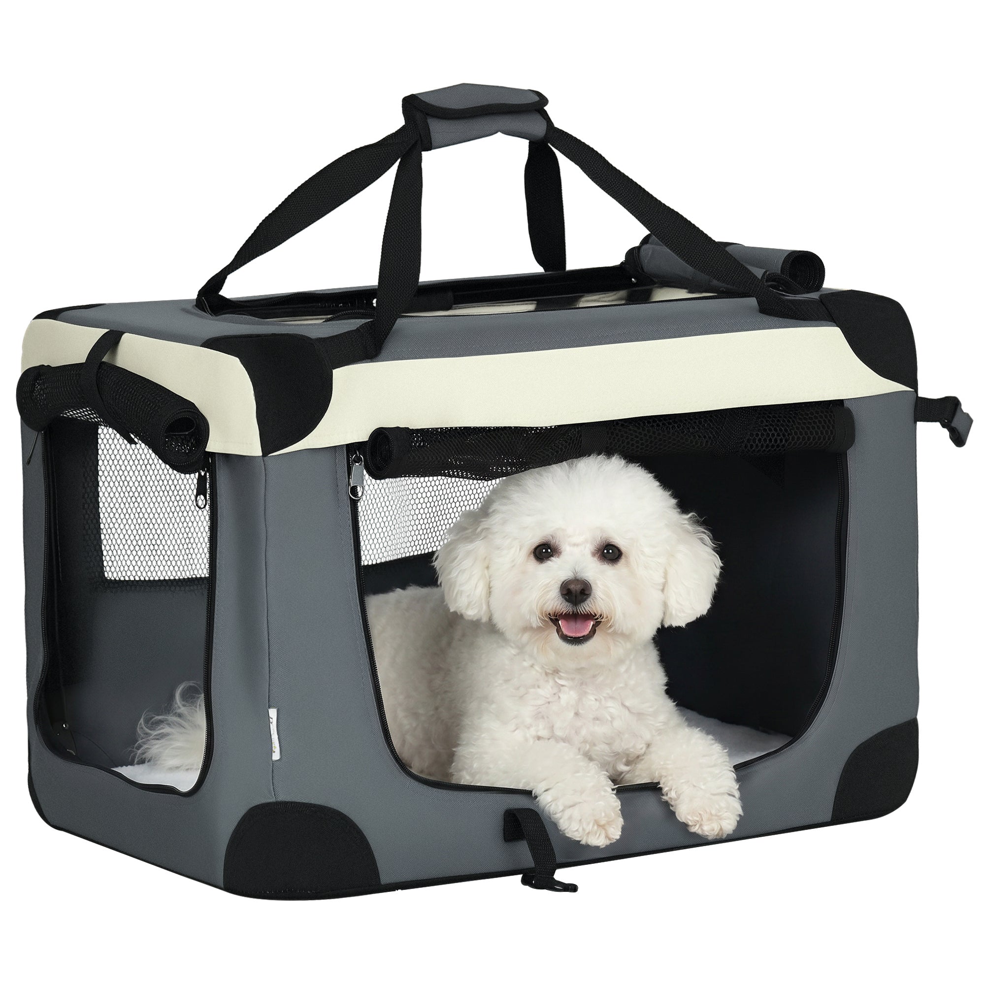 Sac de transport pliable - poignée, 3 entrées zippées, poche - coussin amovible - acier oxford polyester gris noir