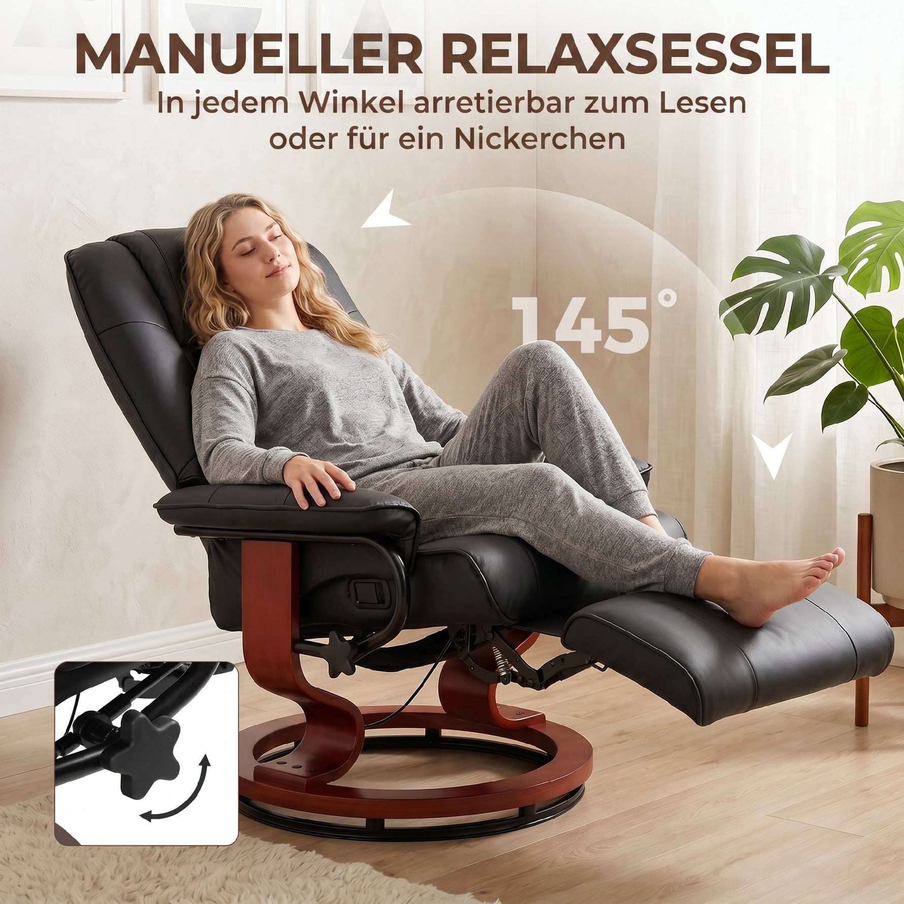 Fauteuil Relax Inclinable, Fauteuil de Salon, Repose-Pieds Réglable, Pivotant 360°, Piètement Bois, Revêtement Synthétique, Noir