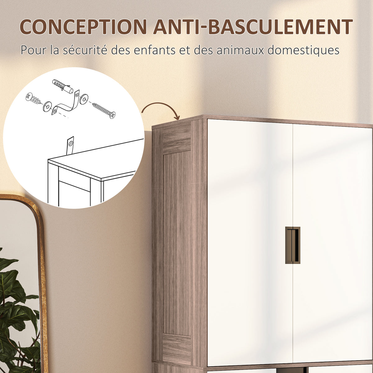 Armoire 2 portes, armoire moderne avec 3 tiroirs et tringle de suspension pour chambre à coucher, marron