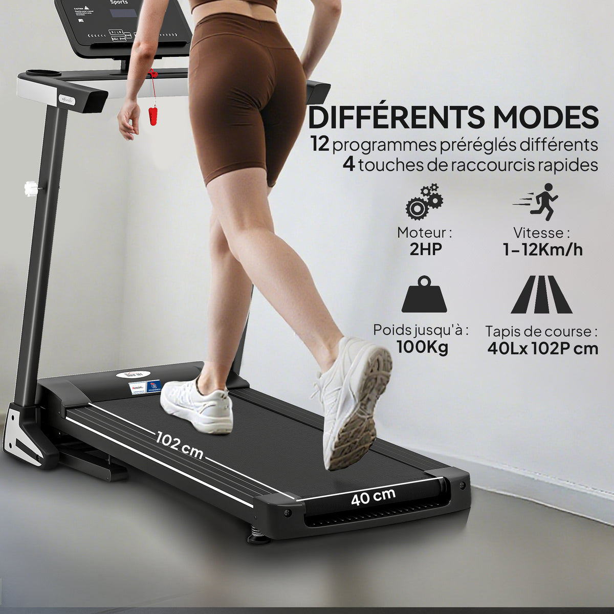 Tapis de Course Electrique Pliable - .fr x FFHandball - Tapis Roulant 1-12 Km/h 500 W écran LCD 12 programmes Noir