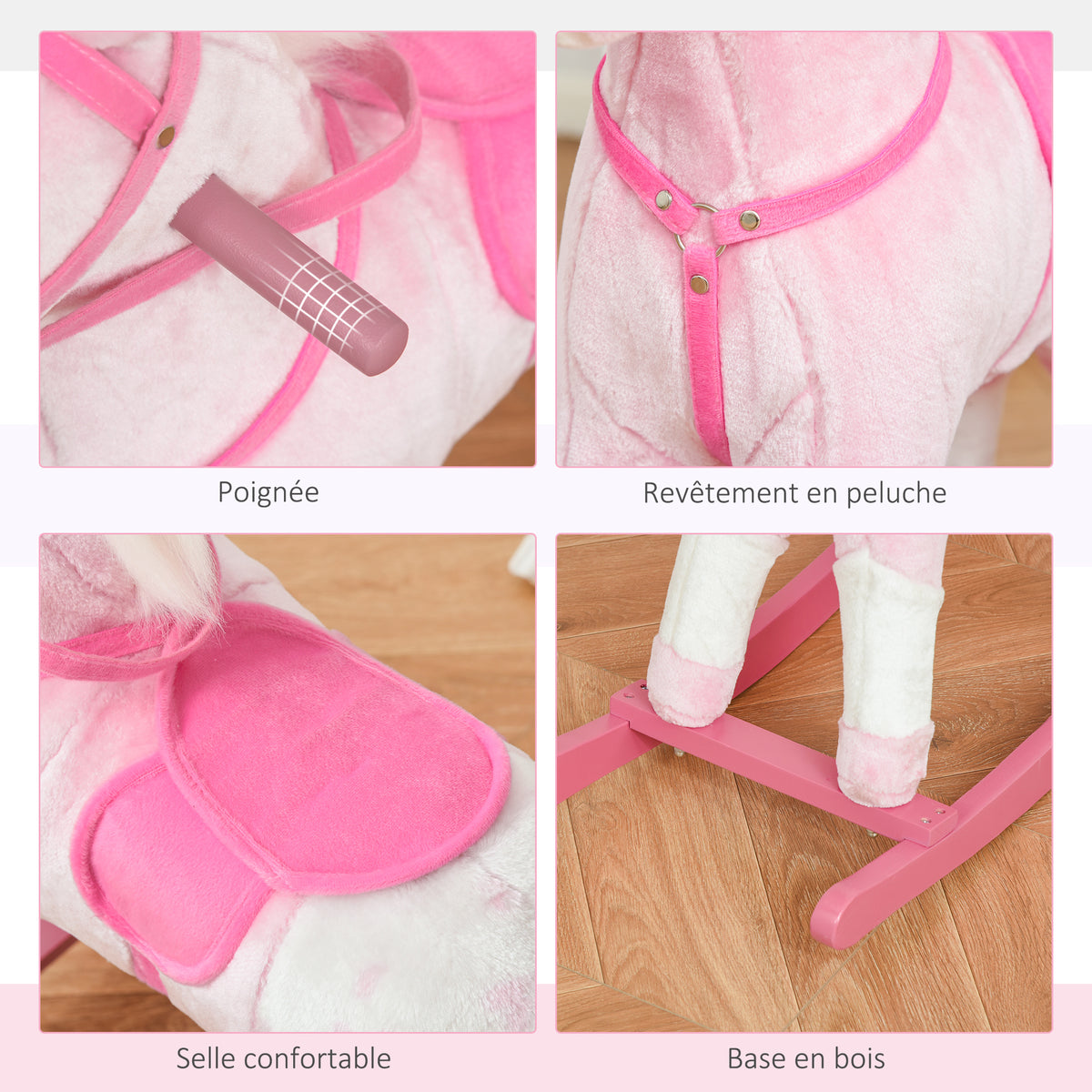 Cheval à Bascule en Bois et Peluche pour Enfant Cheval de Cowboy peluche Pour Enfants de 3-6 Ans Jouet balançoire avec Effet sonore Selle rênes Rose Blanc