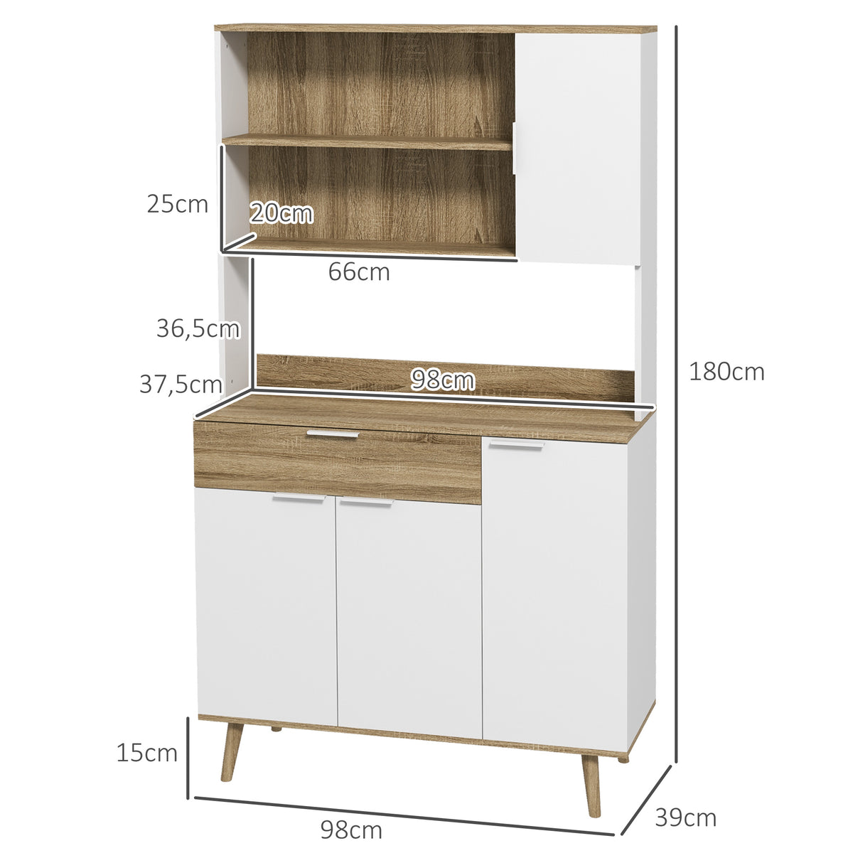 Armoire de cuisine meuble de rangement 4 portes 1 tiroir design scandinave 98 x 39 x 180 cm blanc et naturel