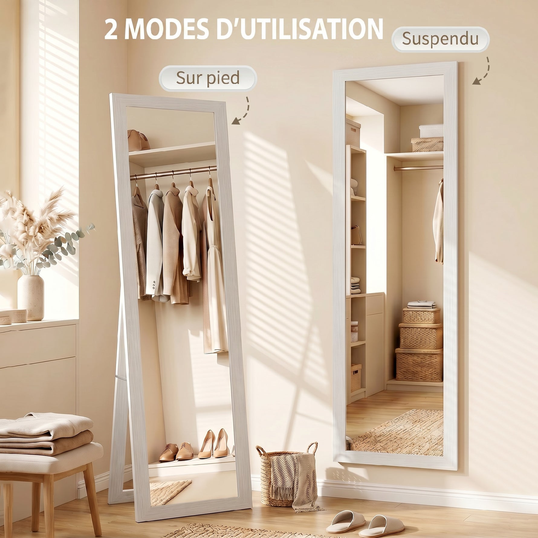 Miroir sur pied mural ou à poser rectangulaire avec cadre en bois pour salon chambre à coucher 37 x 155 cm blanc