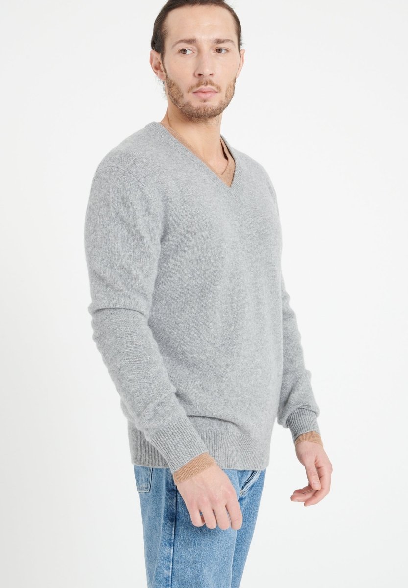Pull col V homme en cachemire 4 fils gris clair - LUKE 13