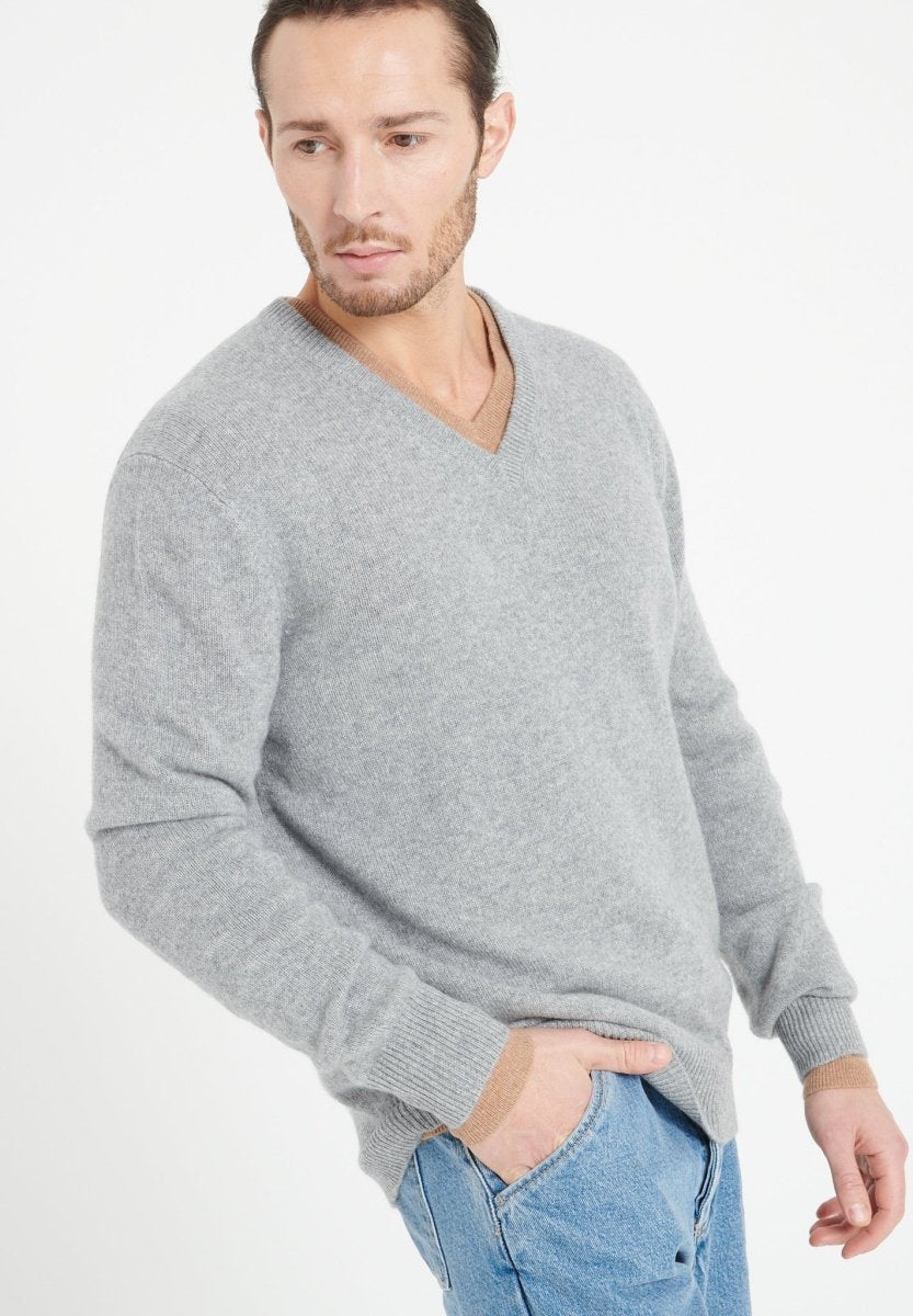 Pull col V homme en cachemire 4 fils gris clair - LUKE 13