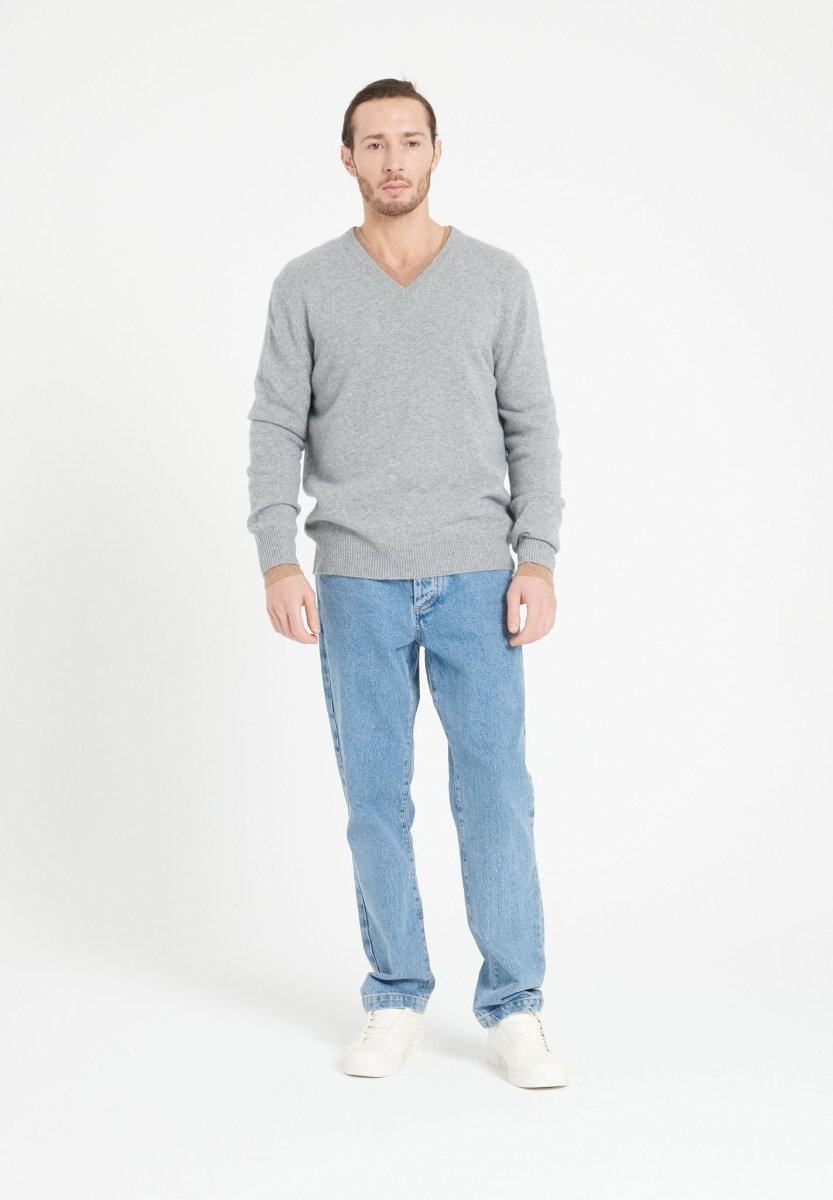 Pull col V homme en cachemire 4 fils gris clair - LUKE 13