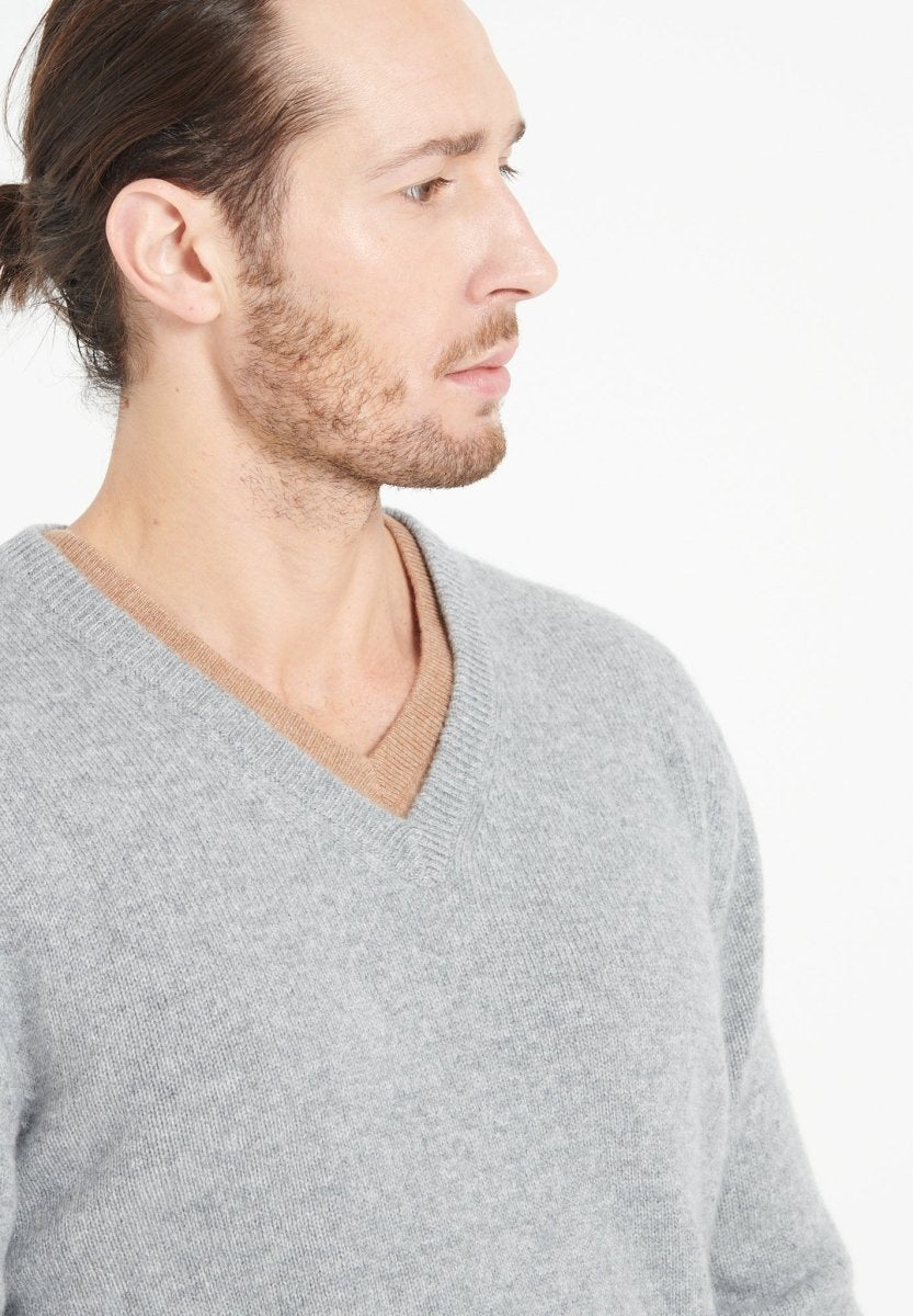 Pull col V homme en cachemire 4 fils gris clair - LUKE 13