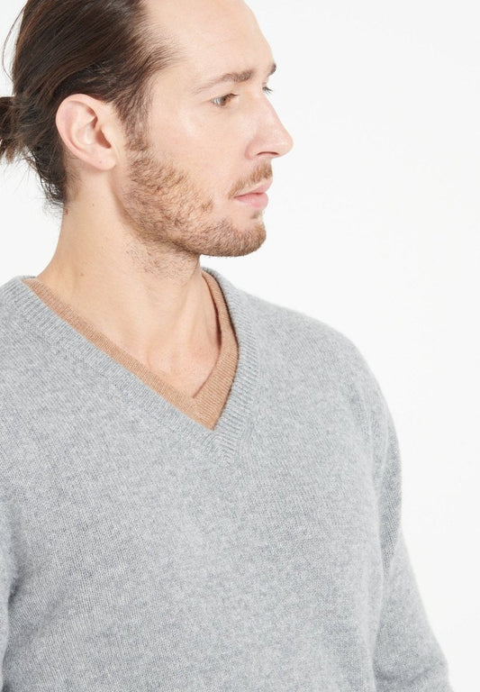 Pull col V homme en cachemire 4 fils gris clair - LUKE 13